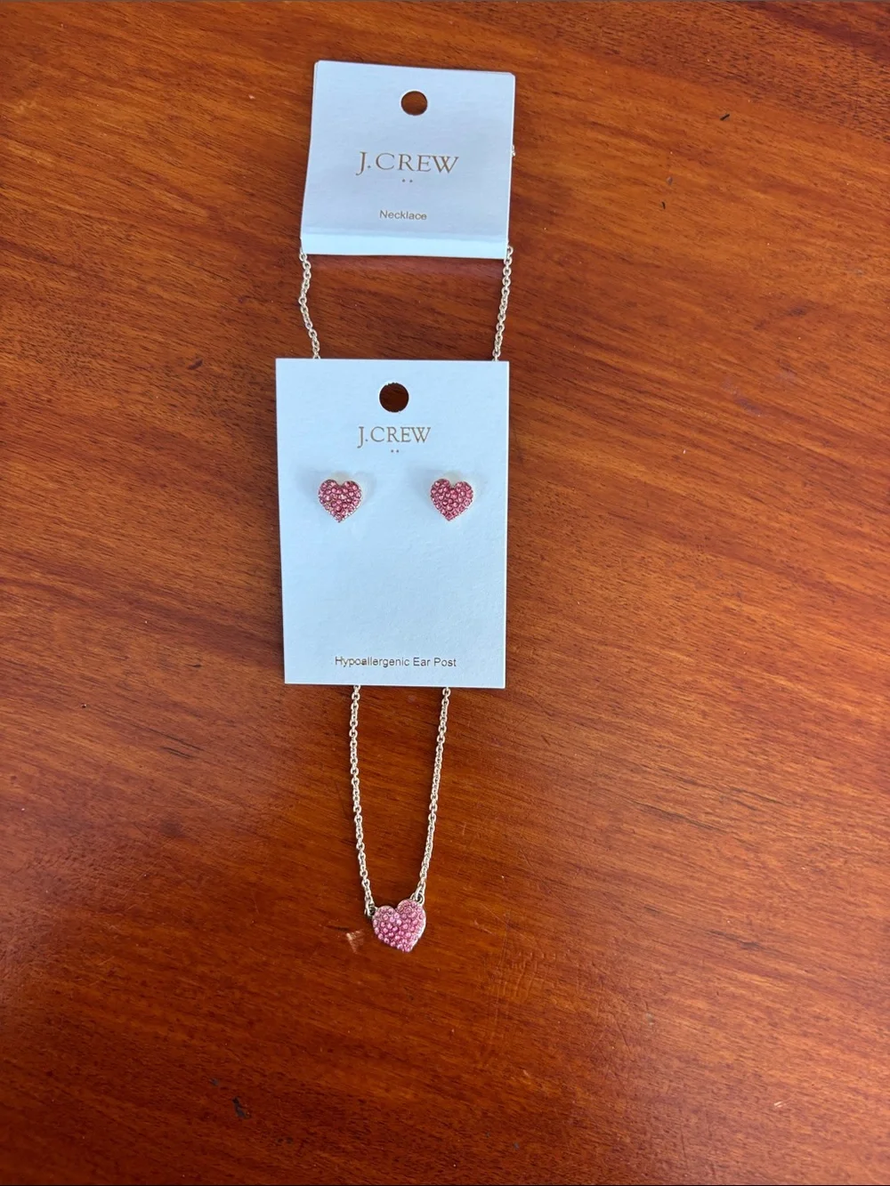 J. Crew Gold Chain Necklace with Pink Crystal Heart Pendant and Matching Studs